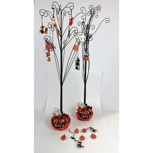 Wire Halloween Tree Pumpkin Jack o'lantern Ghost Boo! Bat w/Ornaments Pair of 2 - Picture 1 of 16